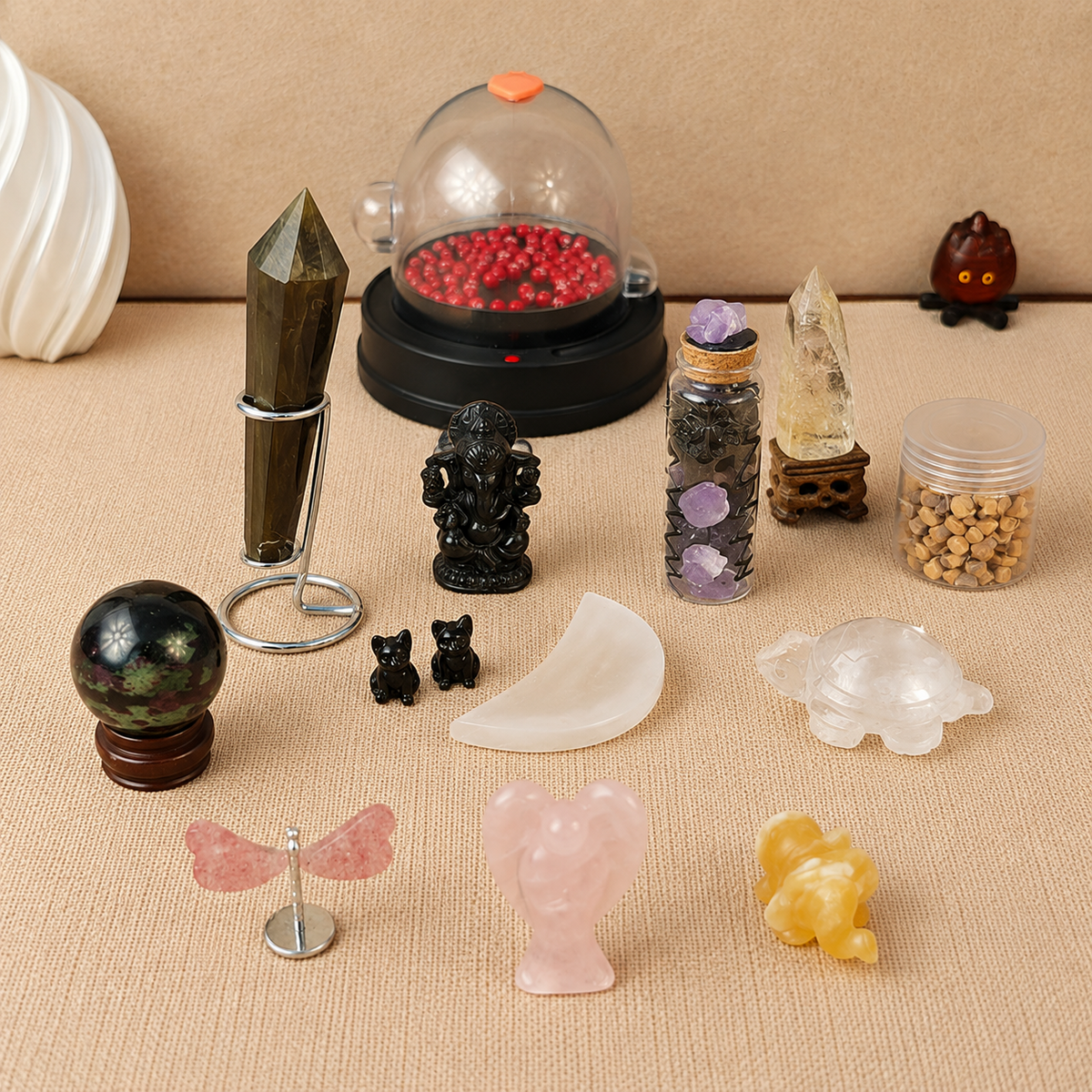 Electric crystal bingo machine with a varied assortment of possible gemstone prizes